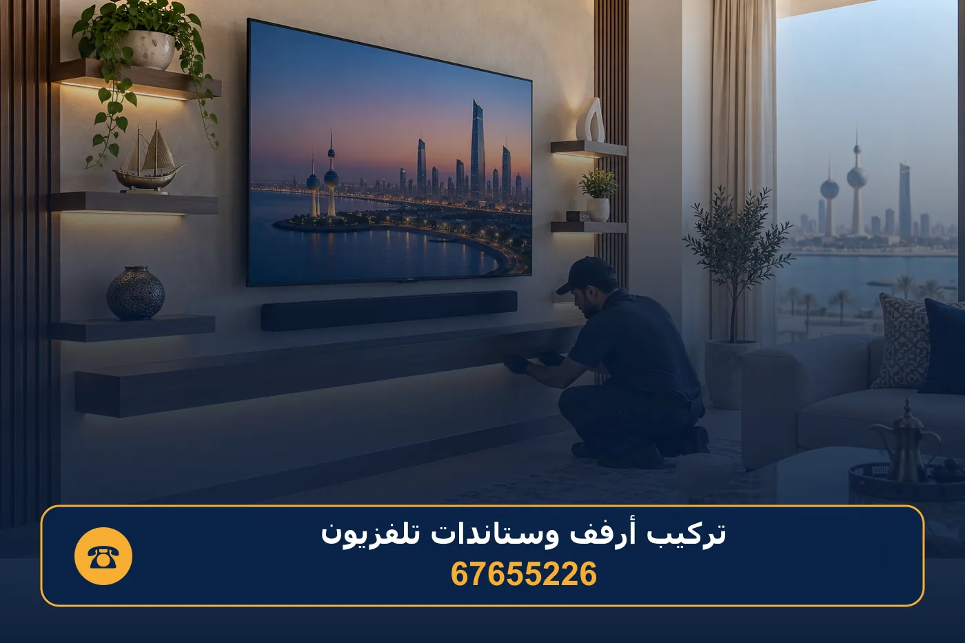 شاشة معلّقة على الجدار مع ساوند بار وأرفف وأسلاك مرتبة ومخفية