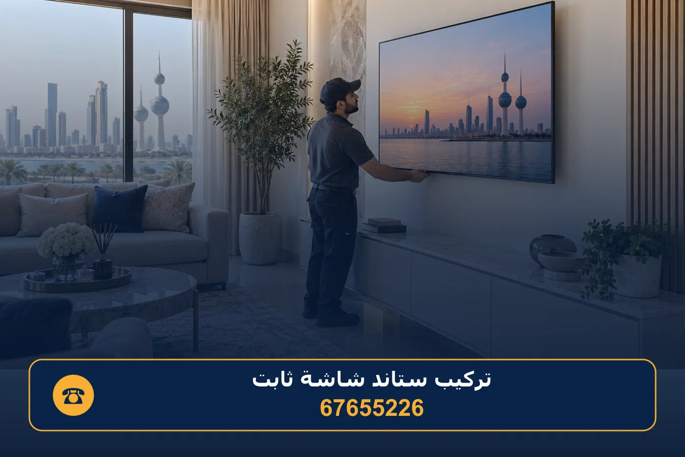 تركيب ستاند تلفزيون ثابت على جدار صالة مع كونسول أسفل الشاشة