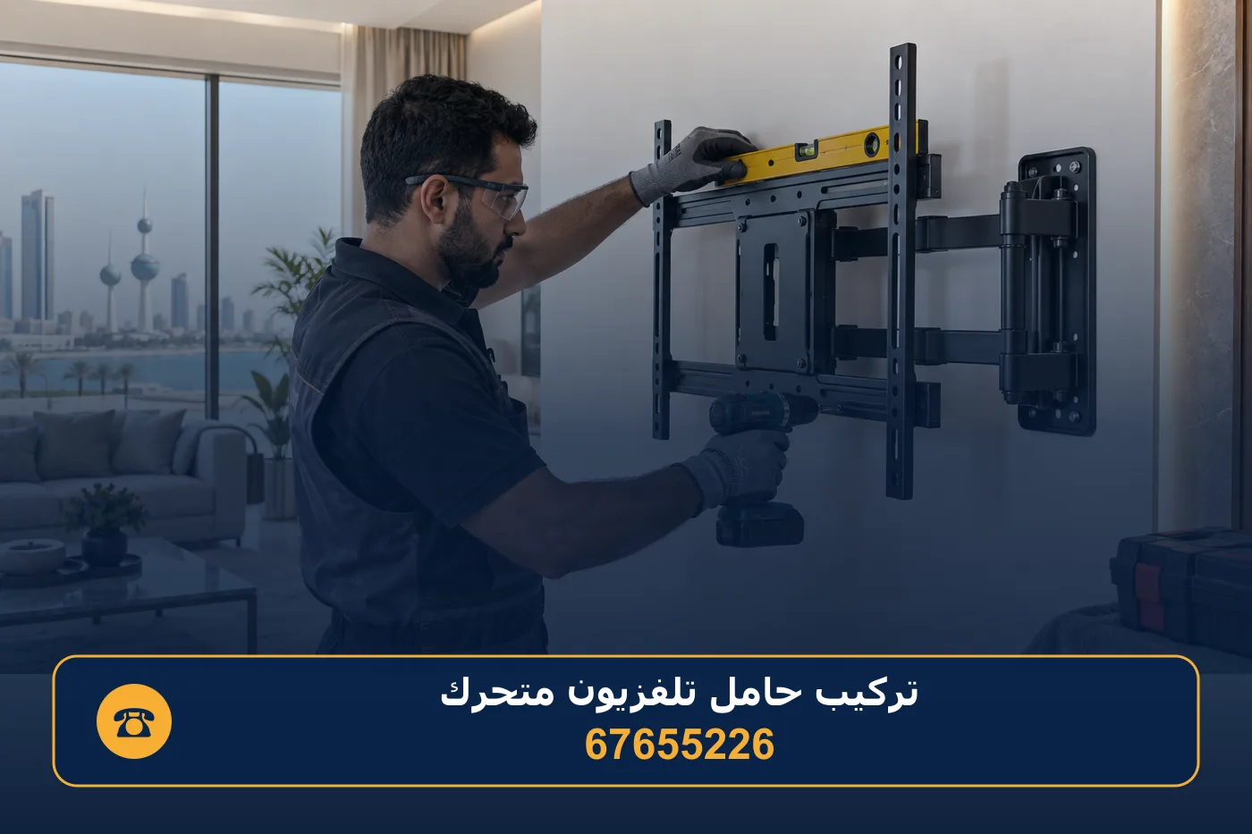 فني يضبط استواء حامل التلفزيون المتحرك بميزان الماء قبل تعليق الشاشة