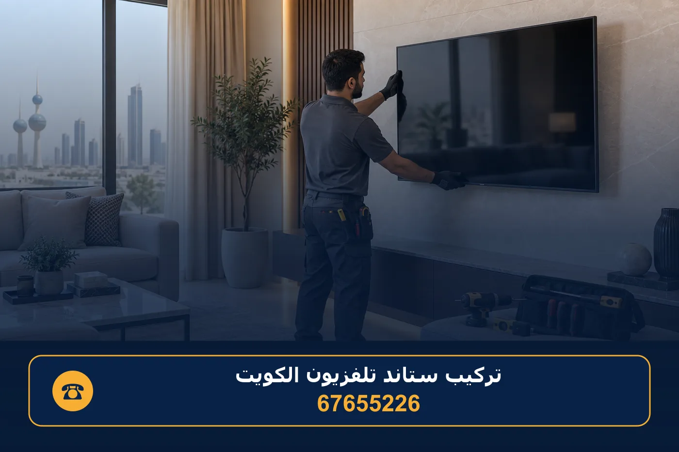 النتيجة النهائية بعد تركيب شاشة التلفزيون على الجدار في صالة مرتبة