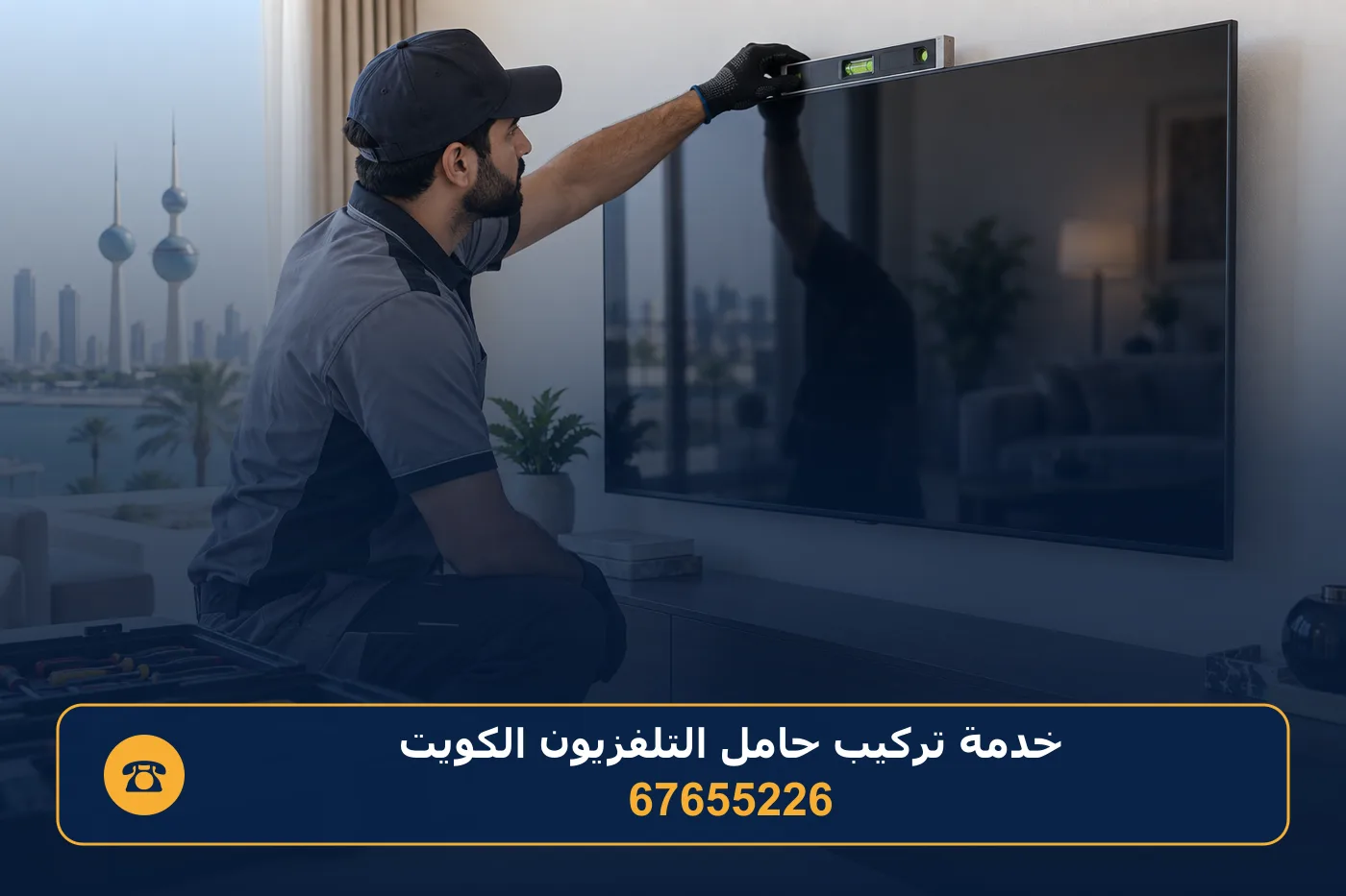 فني يتحقق من استواء الشاشة بميزان الماء بعد تعليقها على الحامل