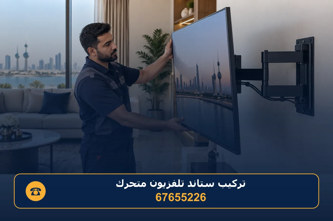 فني يركّب شاشة تلفزيون على حامل متحرك مثبّت على جدار صالة في الكويت