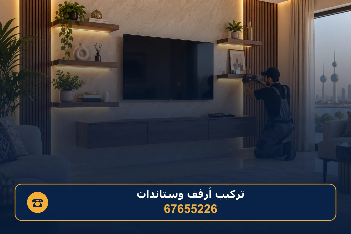 تركيب أرفف وستاند تلفزيون ضمن وحدة ديكور في صالة